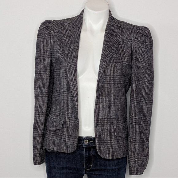 Vintage Jackets & Blazers - Vintage Peabody House Blue Tan Grey Woven Wool Blend Open Jacket 7/8